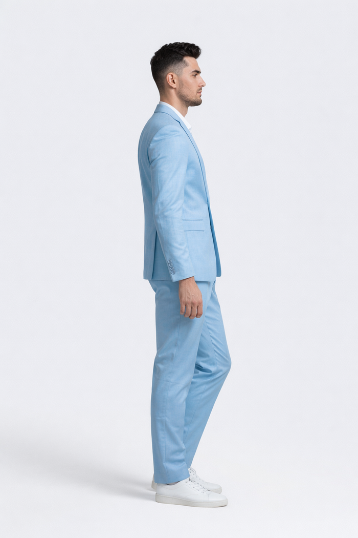 Baby Blue Linen Slim Fit Suit Two Piece Set