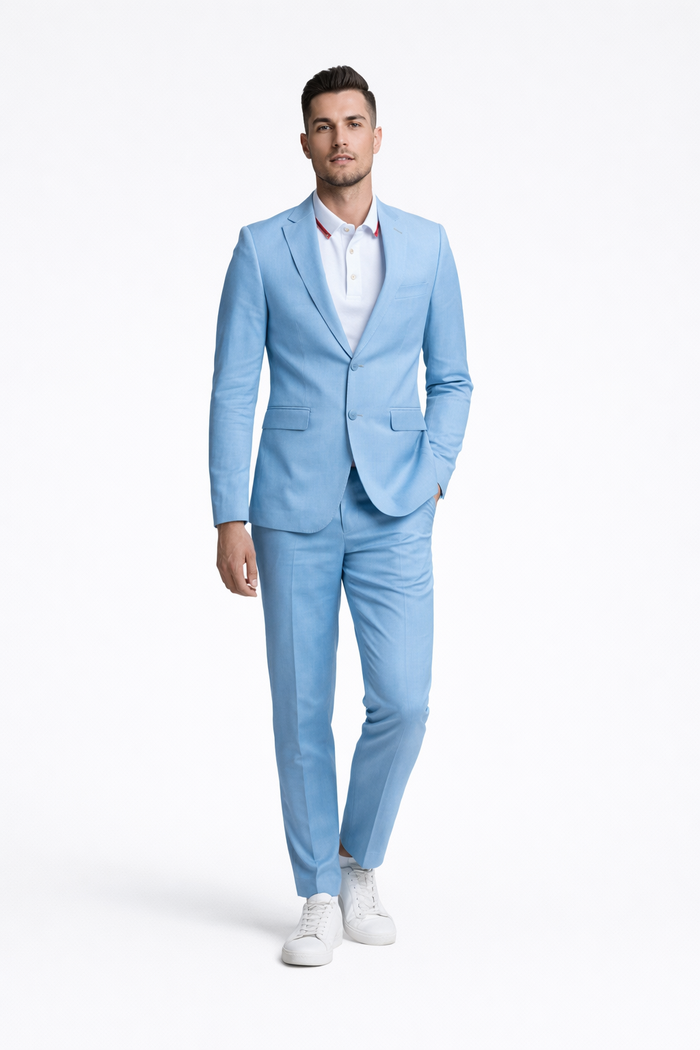 Baby Blue Linen Slim Fit Suit Two Piece Set