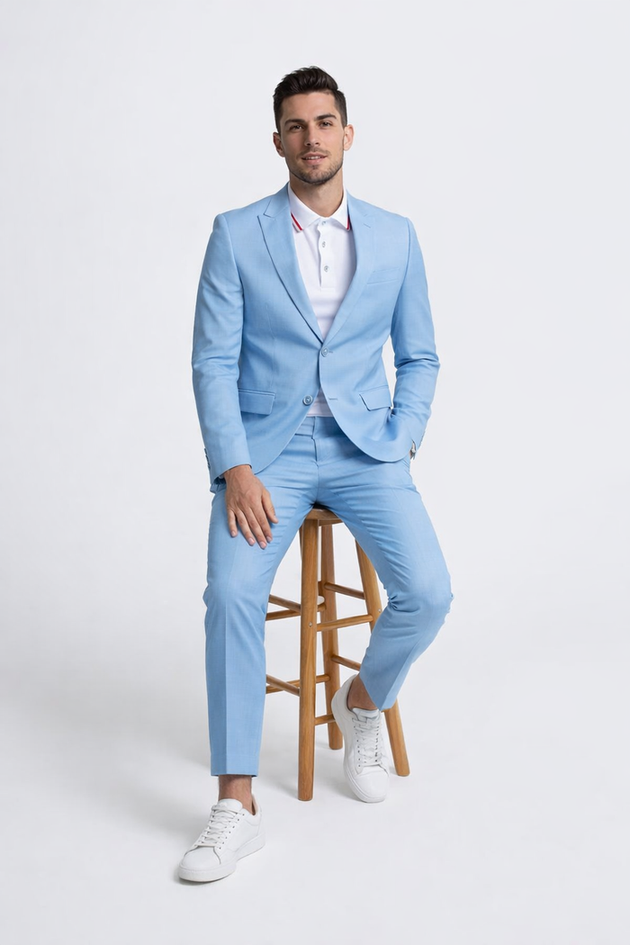 Baby Blue Linen Slim Fit Suit Two Piece Set