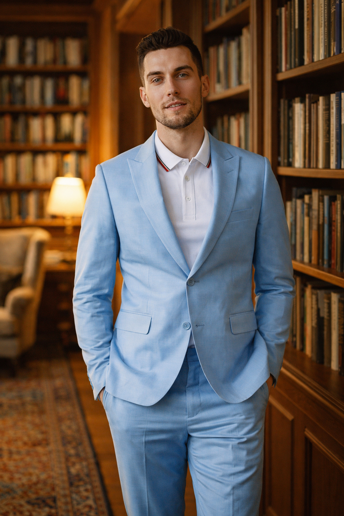 Baby Blue Linen Slim Fit Suit Two Piece Set