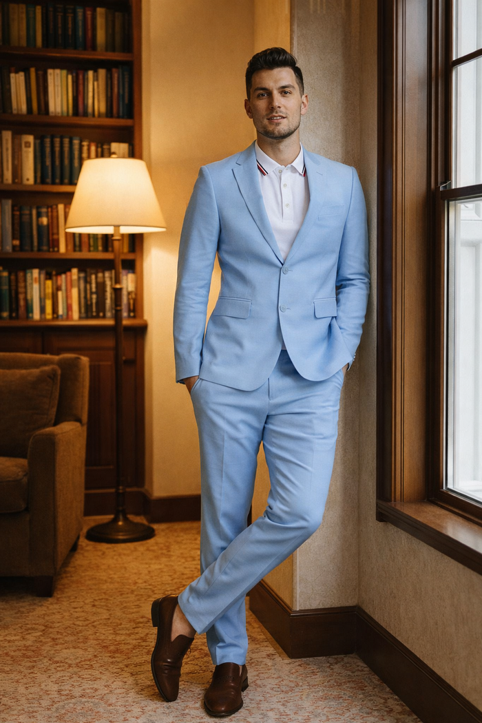 Baby Blue Linen Slim Fit Suit Two Piece Set