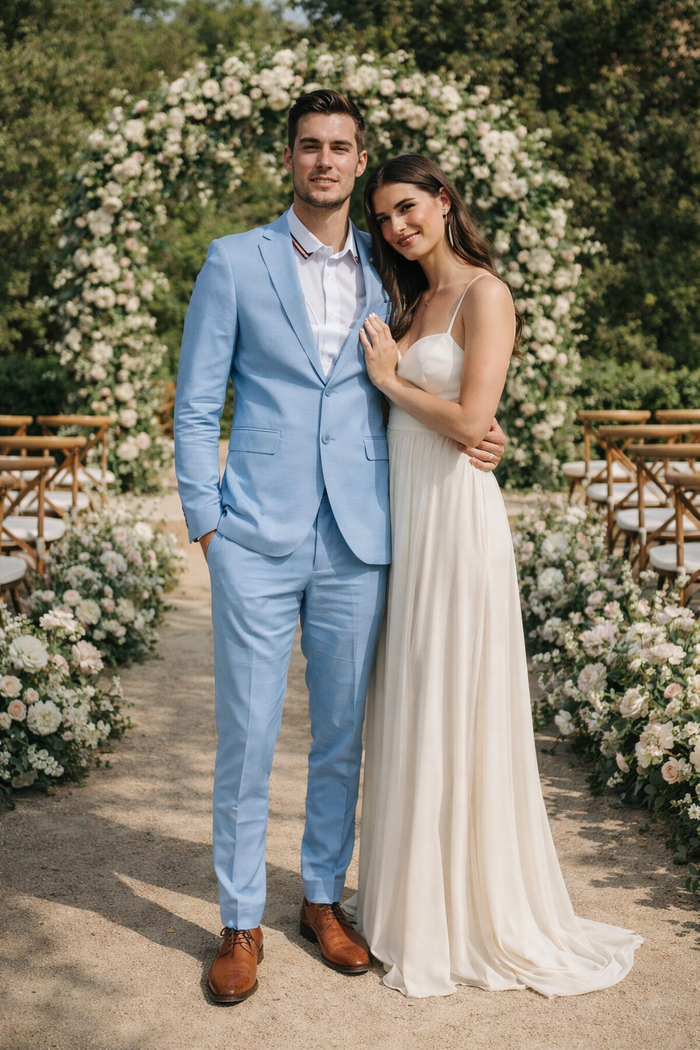 Baby Blue Linen Slim Fit Suit Two Piece Set