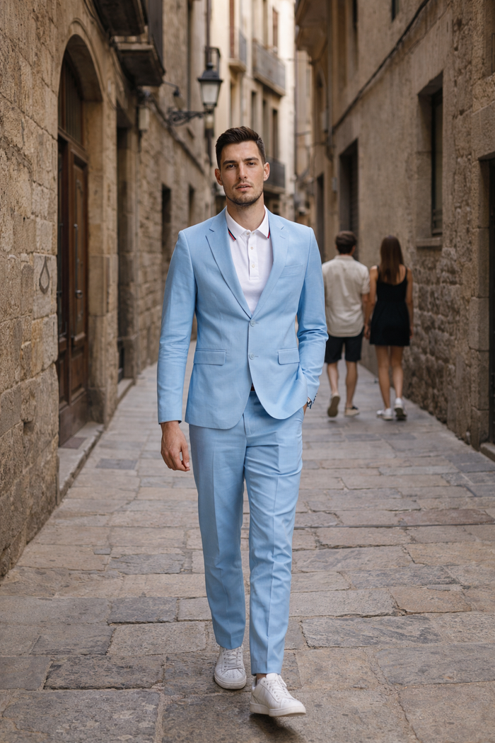 Baby Blue Linen Slim Fit Suit Two Piece Set