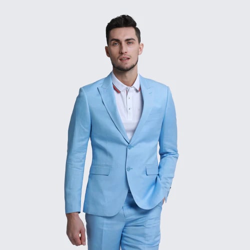 Baby Blue Linen Slim Fit Suit Two Piece Set