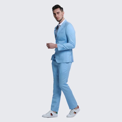 Baby Blue Linen Slim Fit Suit Two Piece Set