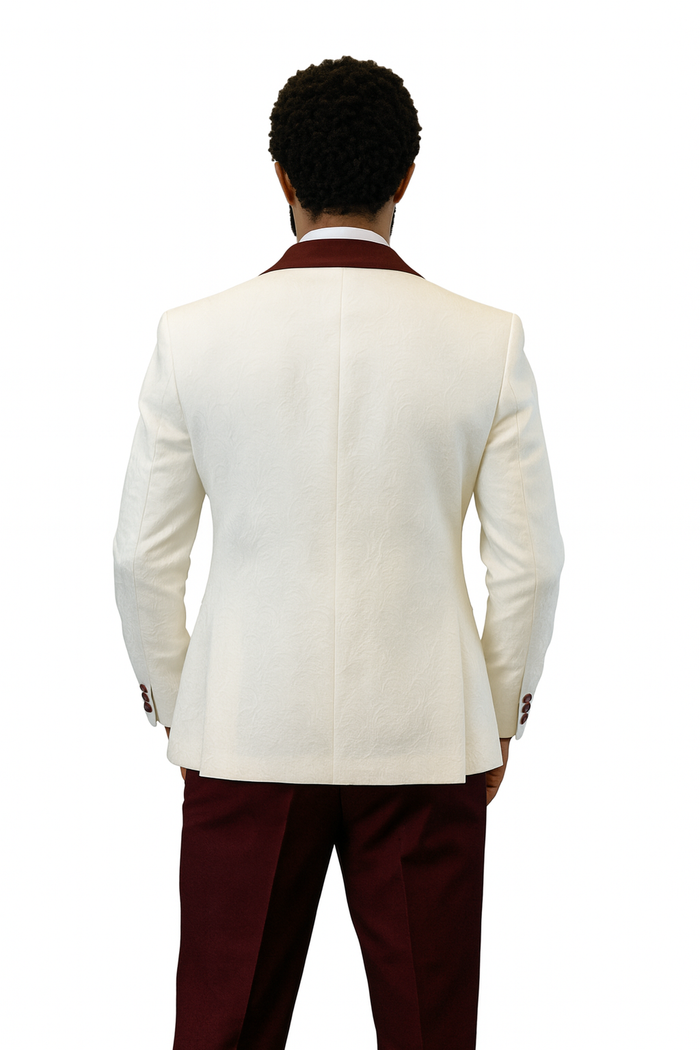 White & Burgundy Paisley Peak Lapel Tuxedo Set