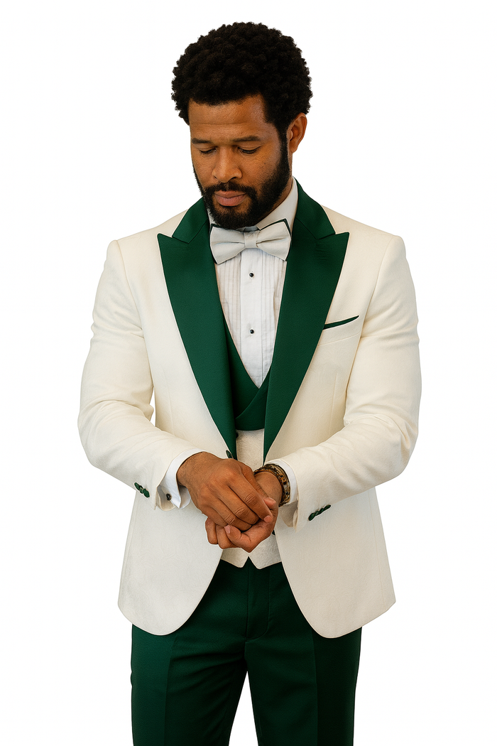 Paisley Green & White Peak Lapel Formal Set