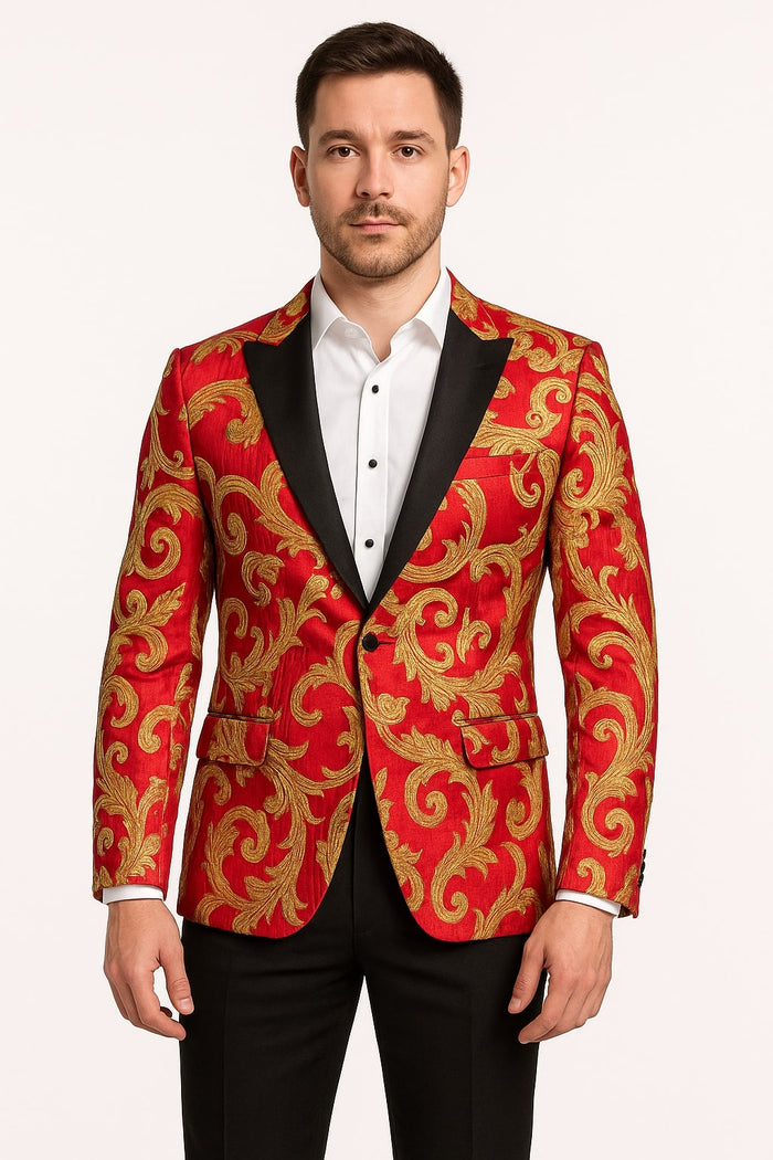 Men's Red and Gold Baroque Tuxedo Jacket with Black Satin Shawl Lapel