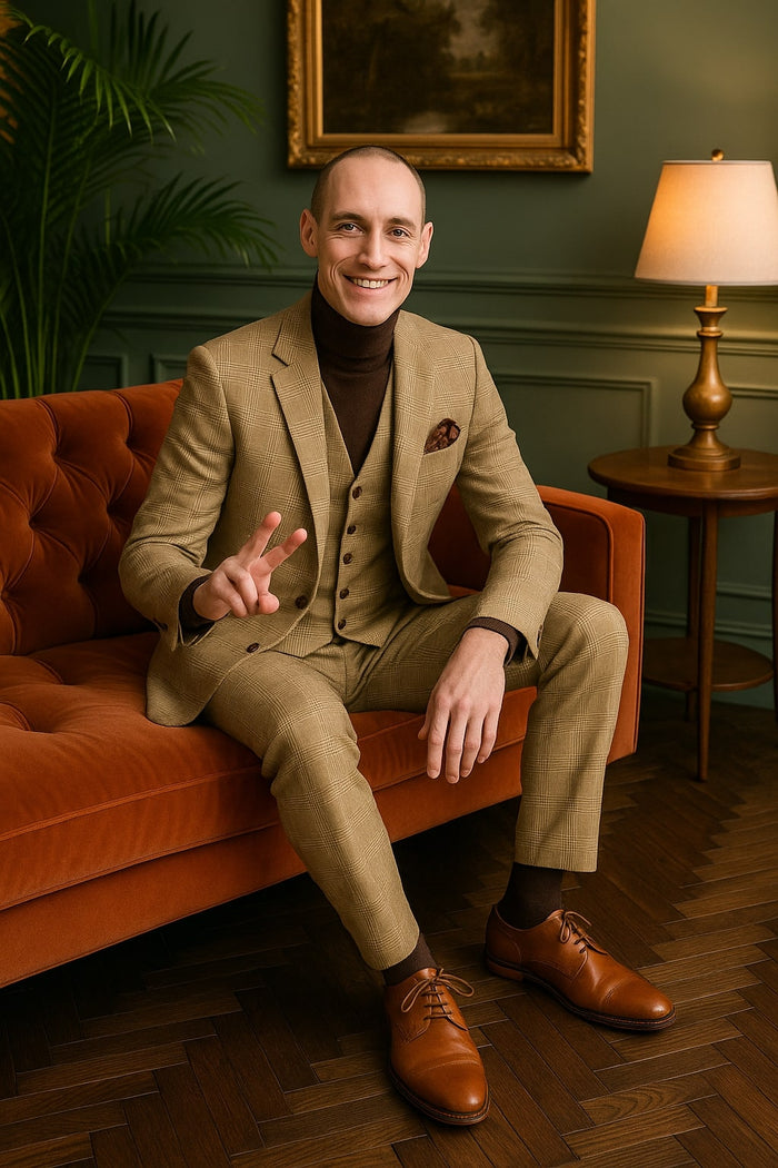 Beige Plaid 3-Piece Suit for Men
