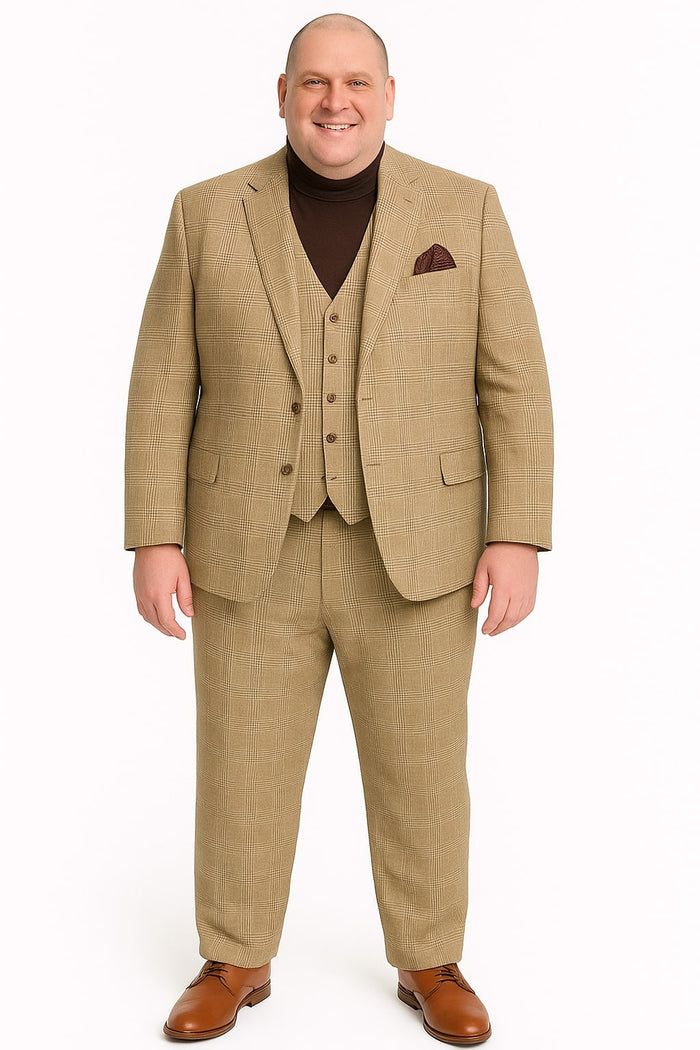 Beige Plaid 3-Piece Suit for Men
