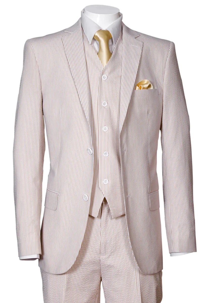 Tan Seersucker 2-Button Vested Suit for Men