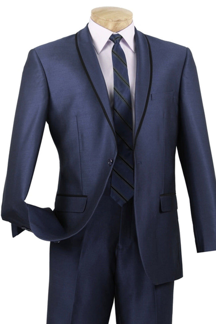 Men's Navy Shawl One Button Tuxedo with Trim