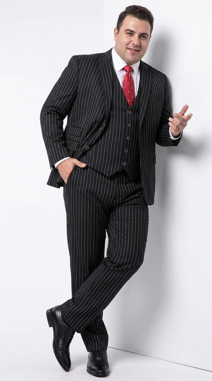 Men’s Black Pinstripe 1920s Gangster Suit with Vest, Formal Vintage Party Dress Suit