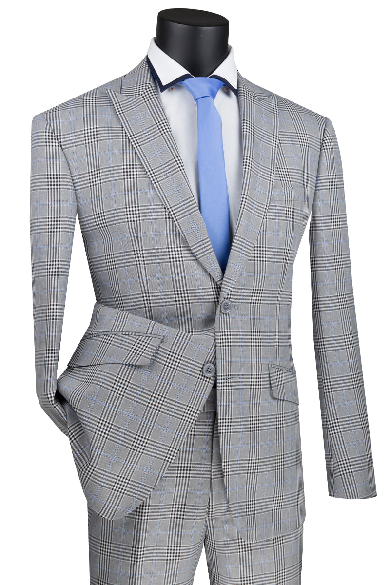 Mens Fit Peak Lapel Glen Plaid Suit in Grey