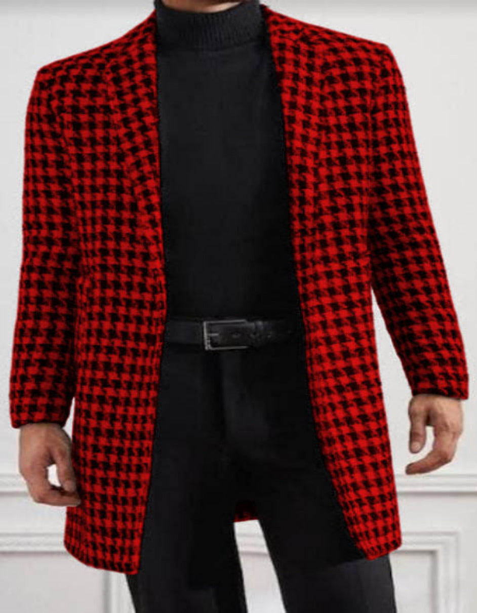 Houndstooth Tweed Overcoat Black & Red