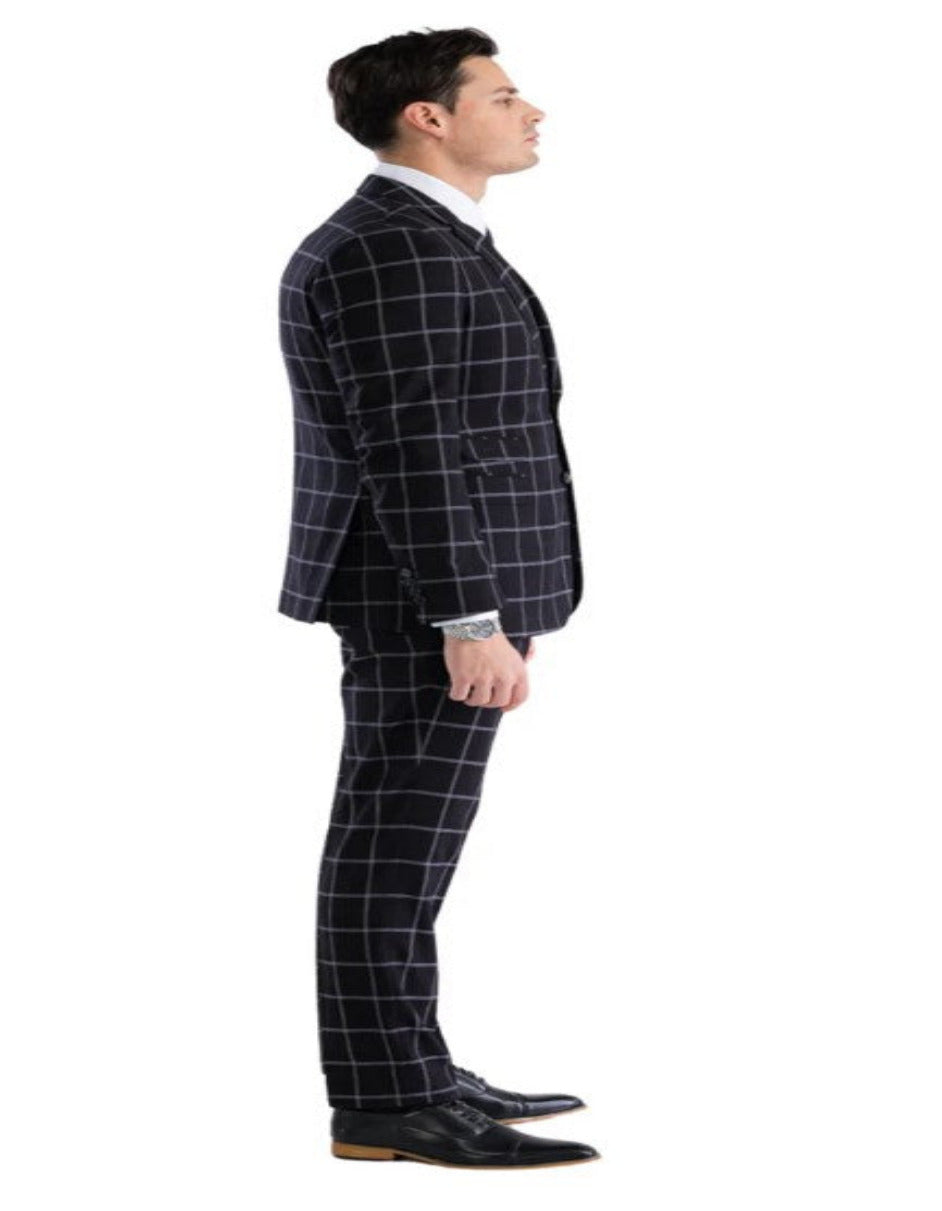 Men’s Windowpane Plaid Suit with Vest - Black