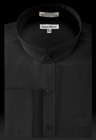 Solid Banded French Cuff Dress Mandarin Collarless Preacher Round Style Black Men's Dress Shirt