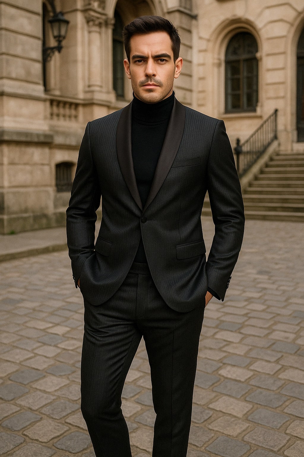 Mens Black Glitter Stripe Tuxedo with Satin Shawl Lapel – Slim Fit Formal Party Suit