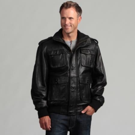 Men's Black Lambskin Leather Big and Tall Bomber Jacket