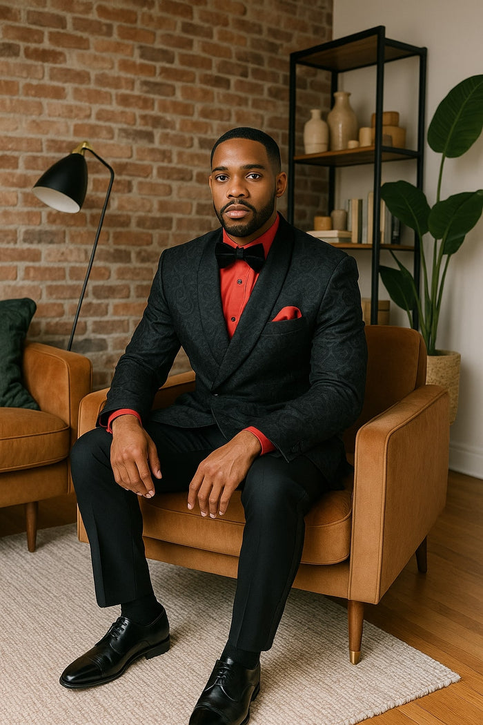 Black Paisley Double-Breasted Tuxedo Jacket