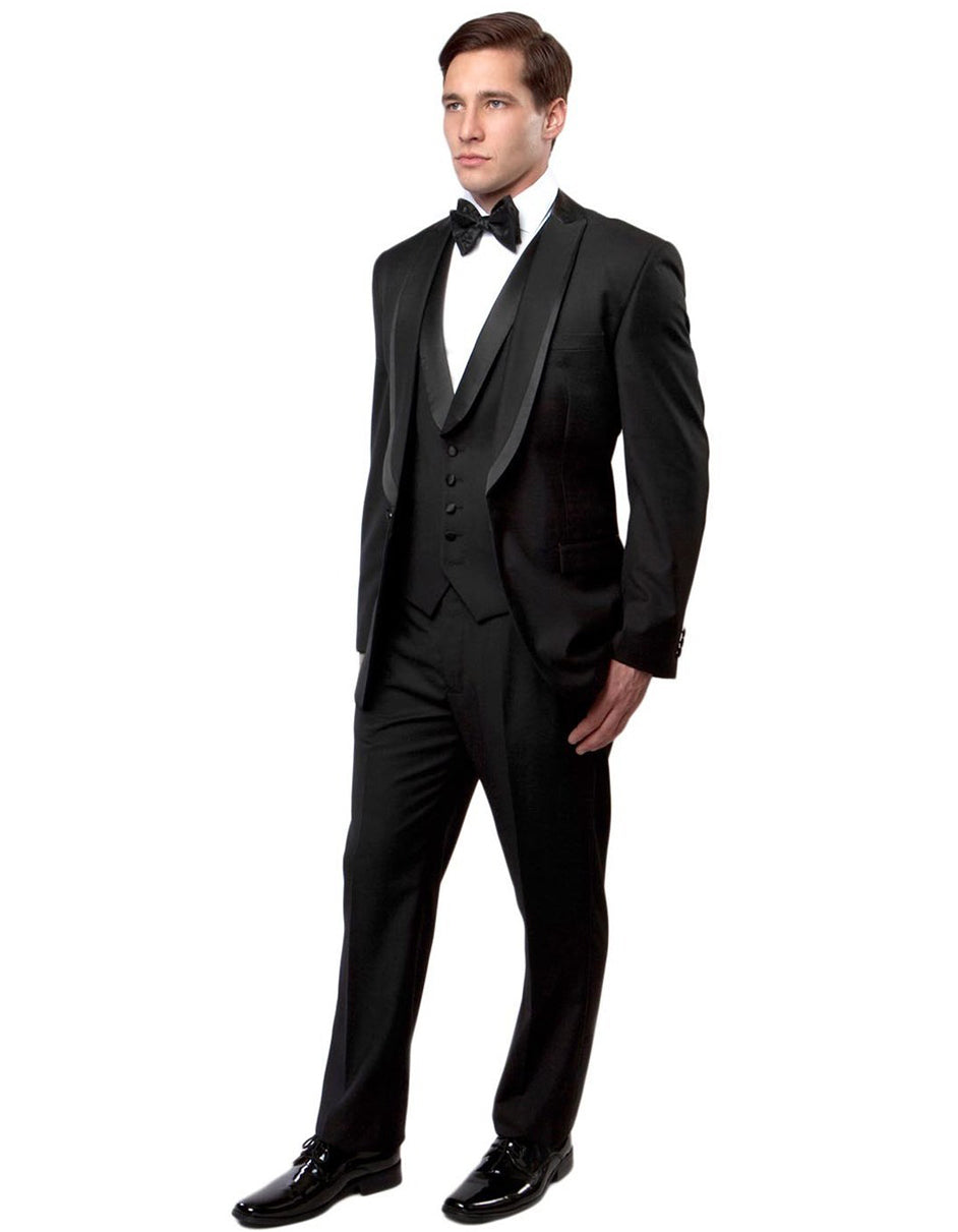 Modern Fit Black Wool Vested Tuxedo