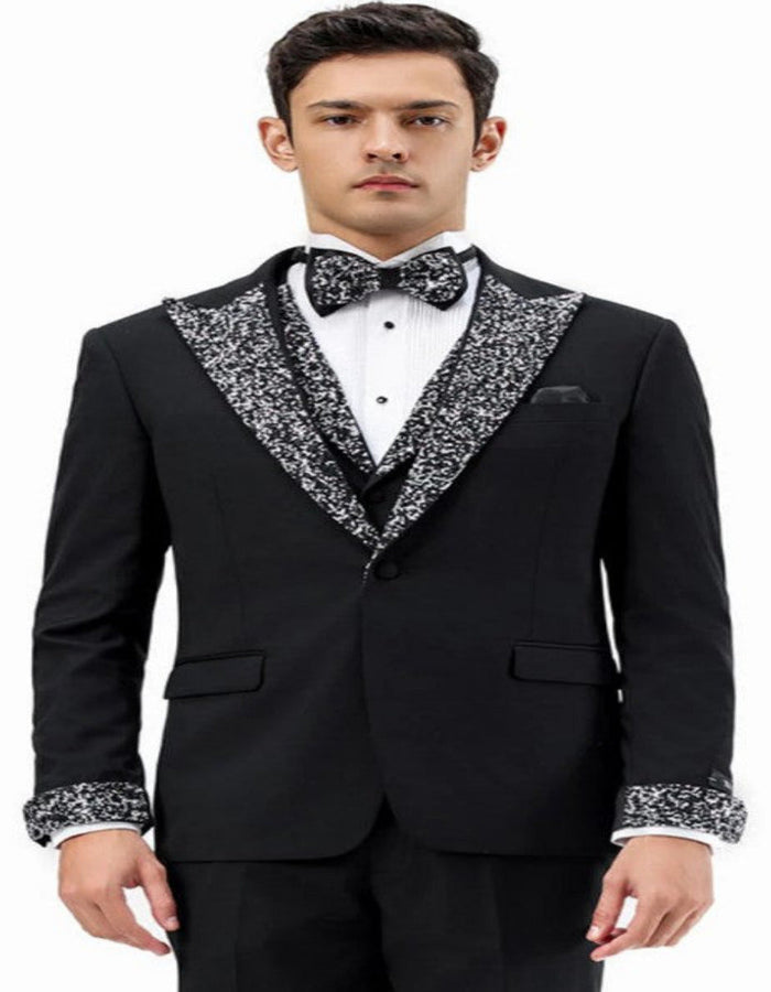 Men’s Black Rhinestone Sequin Lapel Prom Tuxedo – Elegant Party & Wedding Suit