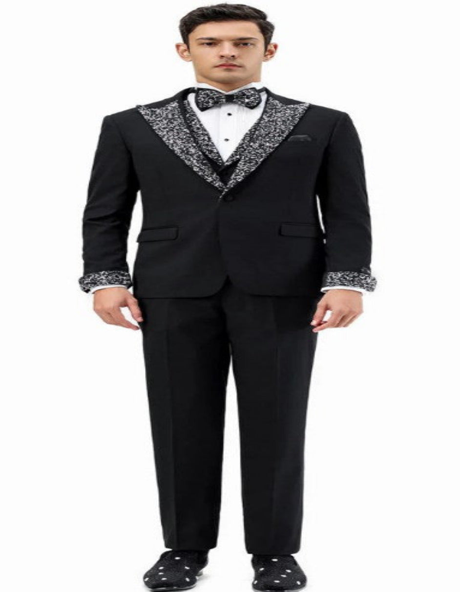 Men’s Black Rhinestone Sequin Lapel Prom Tuxedo – Elegant Party & Wedding Suit