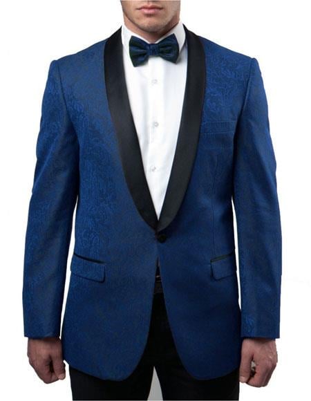 Men's Blue Slim Fit Tuxedo Jacket Pattern Black Large Shawl Lapel Blazer