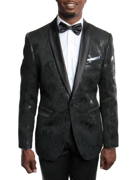 Men's Slim Fit Tuxedo Jacket Blazer Fancy Floral Pattern Large Shawl Lapel Black