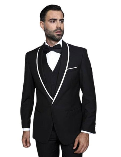 Men's Trimmed Shawl Lapel Blazer Dinner Jacket Black Vested Sport Coat