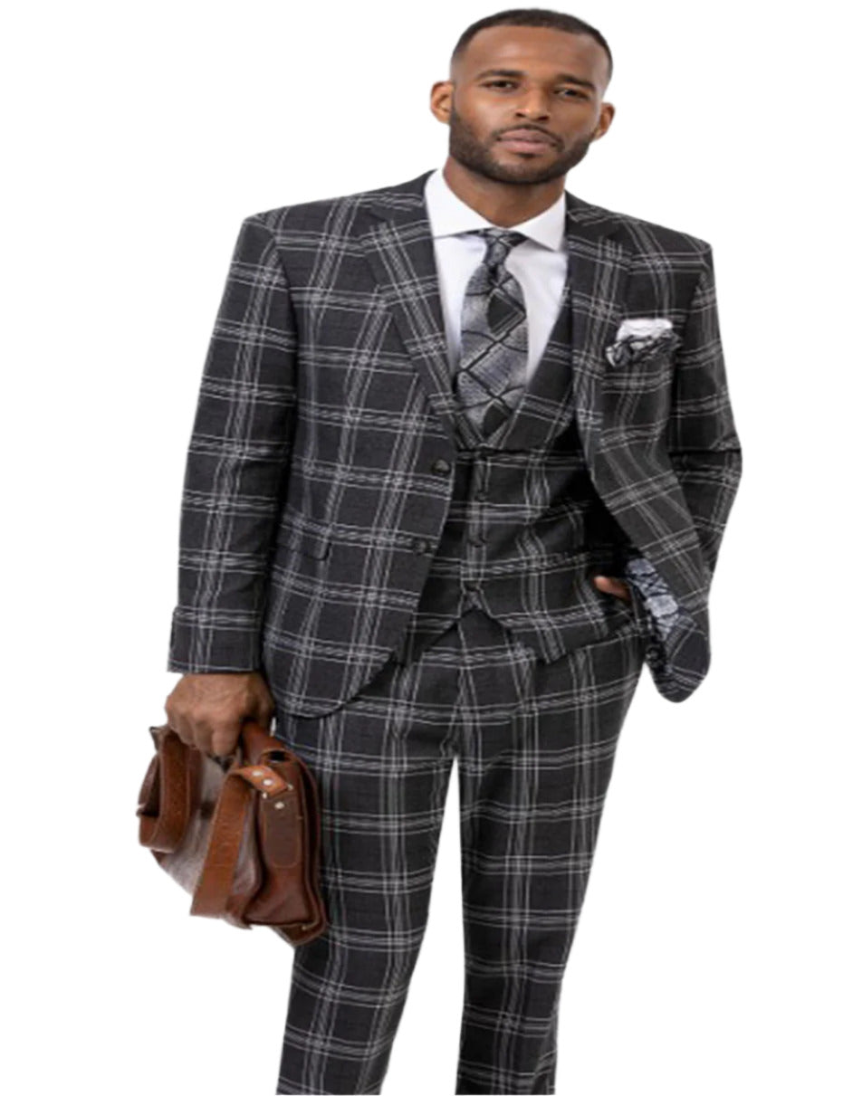 Black Windowpane 3 Piece Vested Suit