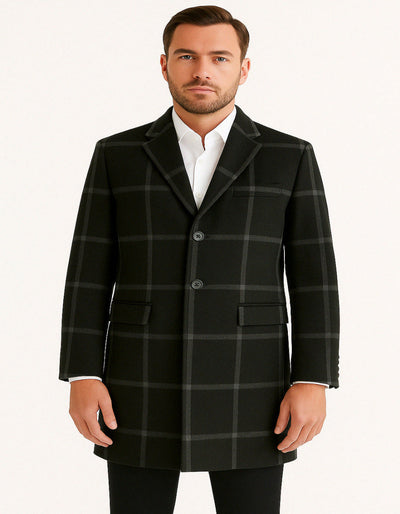 Black Wool Windowpane Car Coat for Men