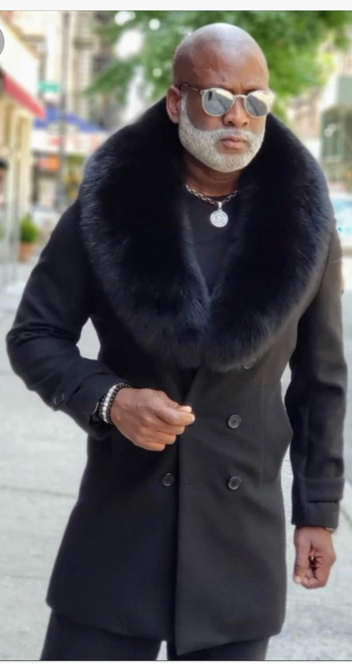 Men's Double-Breasted Overcoat with Faux Fur Collar