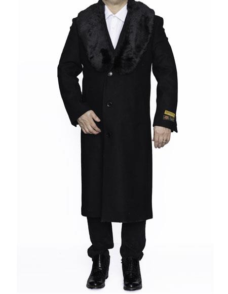 Men's Black Full Length 48” Long Fur Collar Overcoat