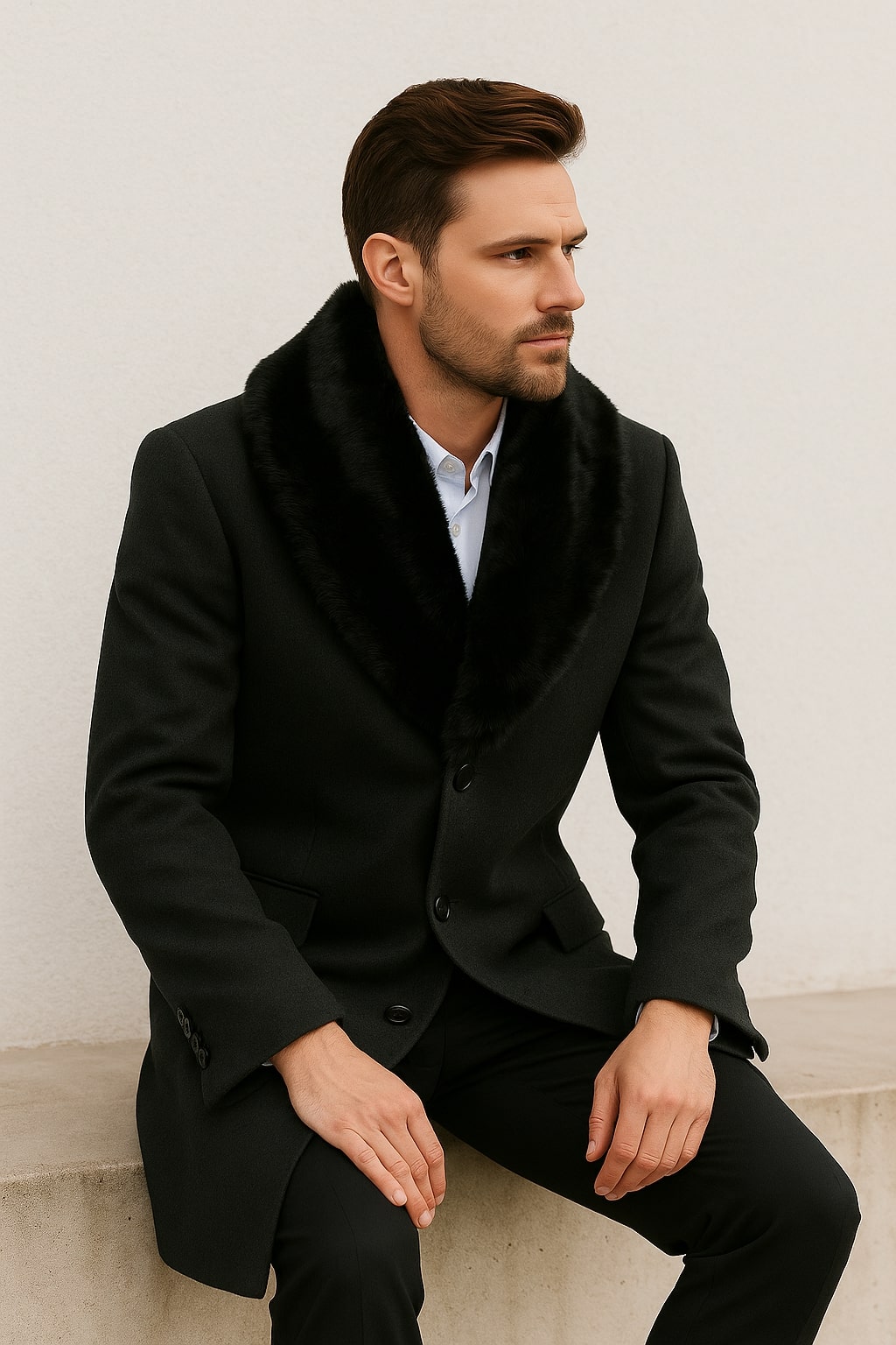 Black Wool Overcoat with Faux Fur Collar
