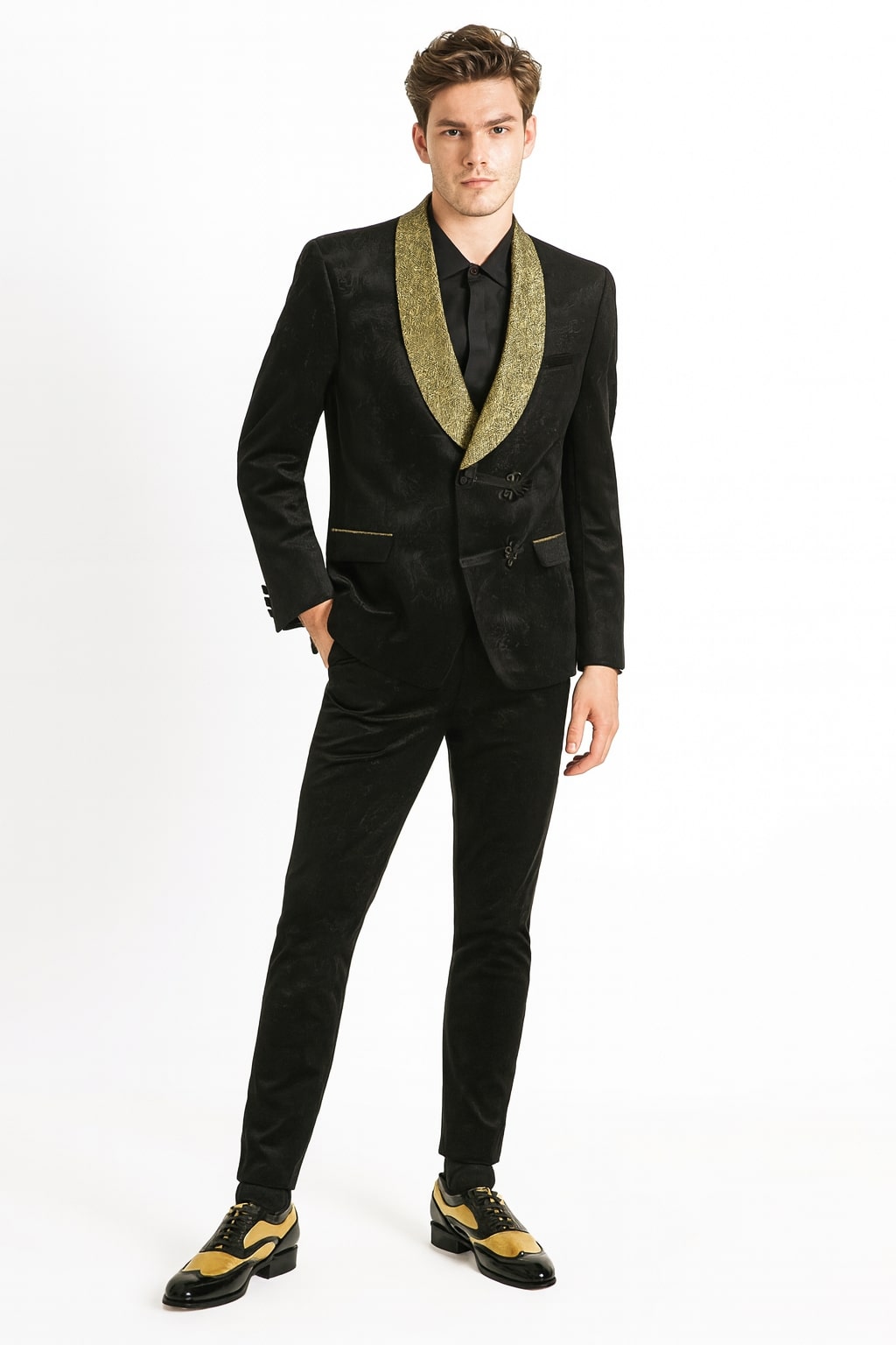 Men's Black & Gold Jacquard Shawl Blazer