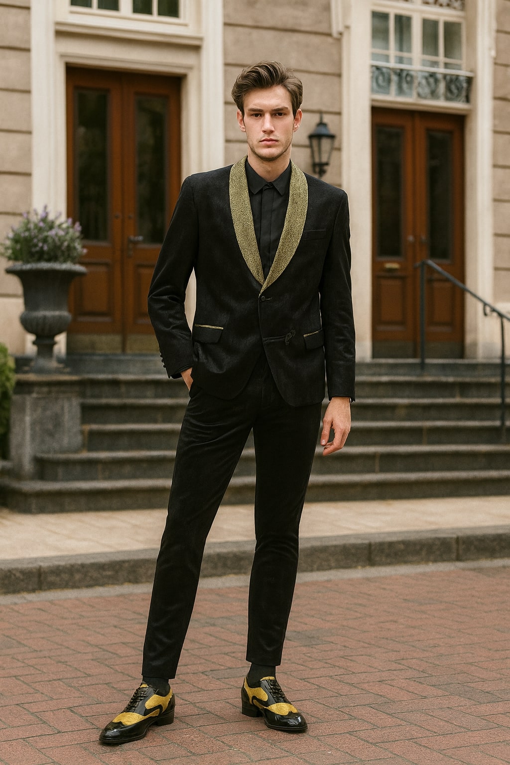 Men's Black & Gold Jacquard Shawl Blazer