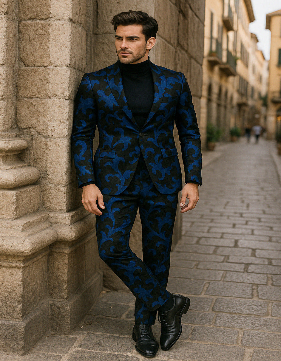 Black & Royal Blue Velvet Floral Tuxedo Suit