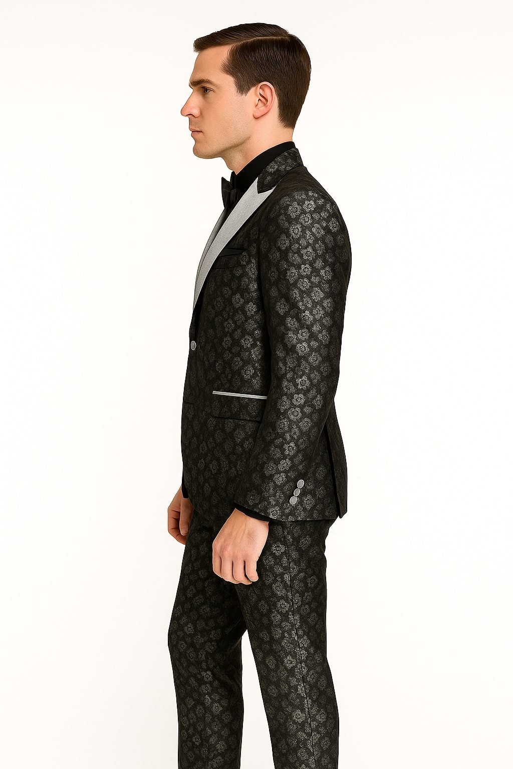 Black and Silver Floral Tuxedo Suit with Satin Lapel