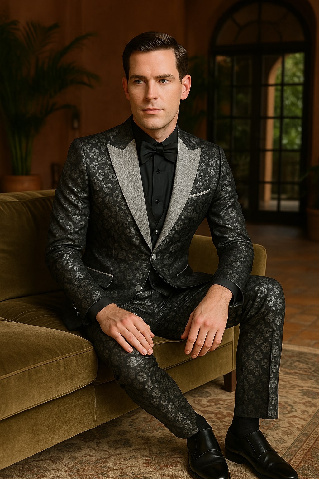 Black and Silver Floral Tuxedo Suit with Satin Lapel