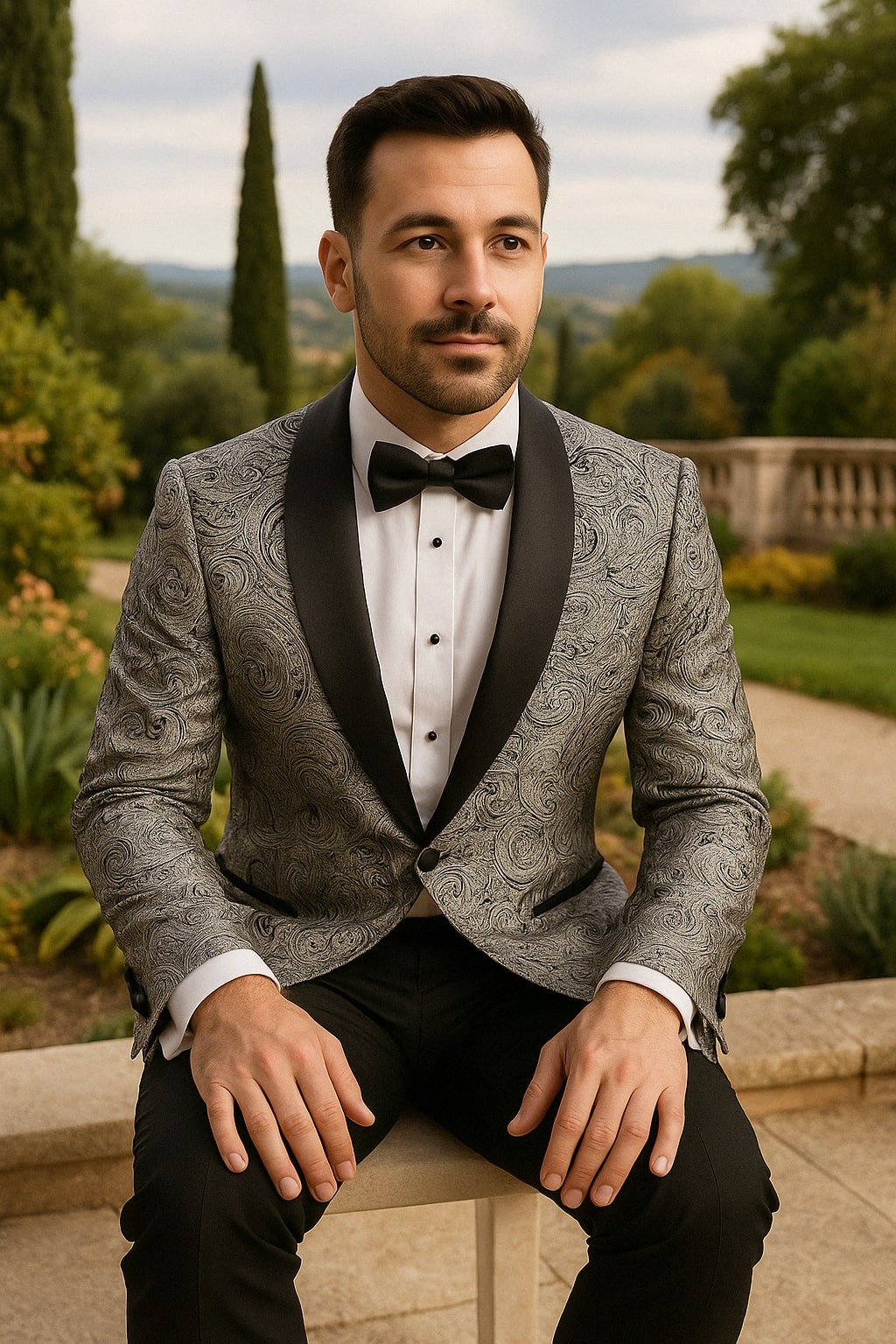 Black & Silver Paisley Satin Tuxedo Set
