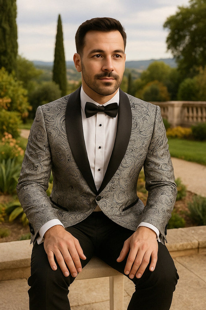 Black & Silver Paisley Satin Tuxedo Set