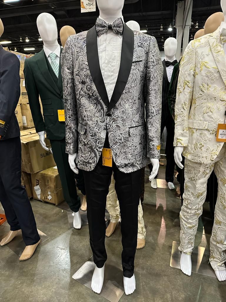 Black & Silver Paisley Satin Tuxedo Set