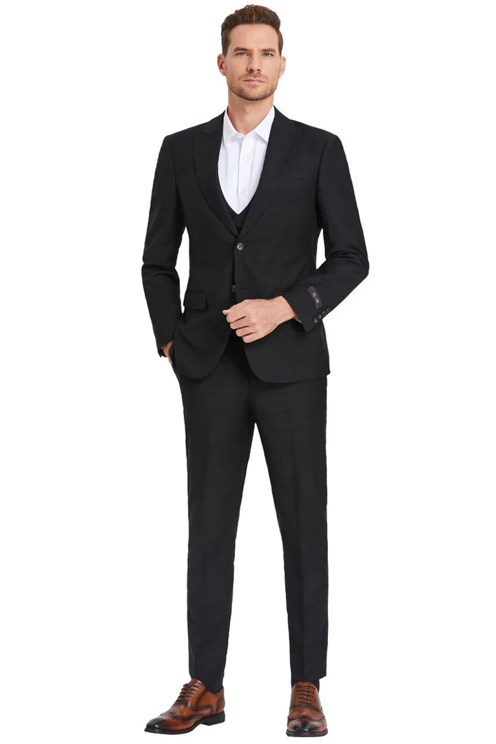 Vested Peak Lapel Sharkskin Suit in Black Windowpane