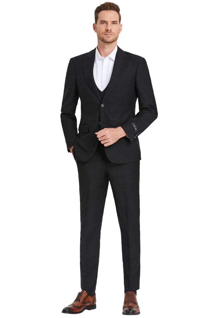Vested Peak Lapel Sharkskin Suit in Black Windowpane