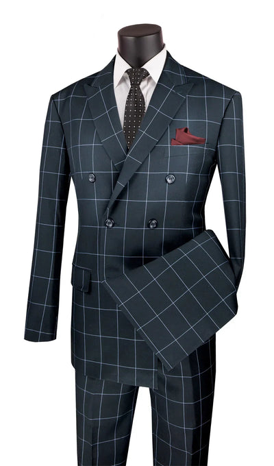 Black Modern Fit Double Breasted Windowpane Peak Lapel 2 Piece Suit