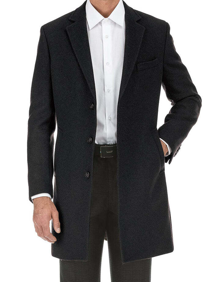 Slim Fit Black Wool-Blend Overcoat
