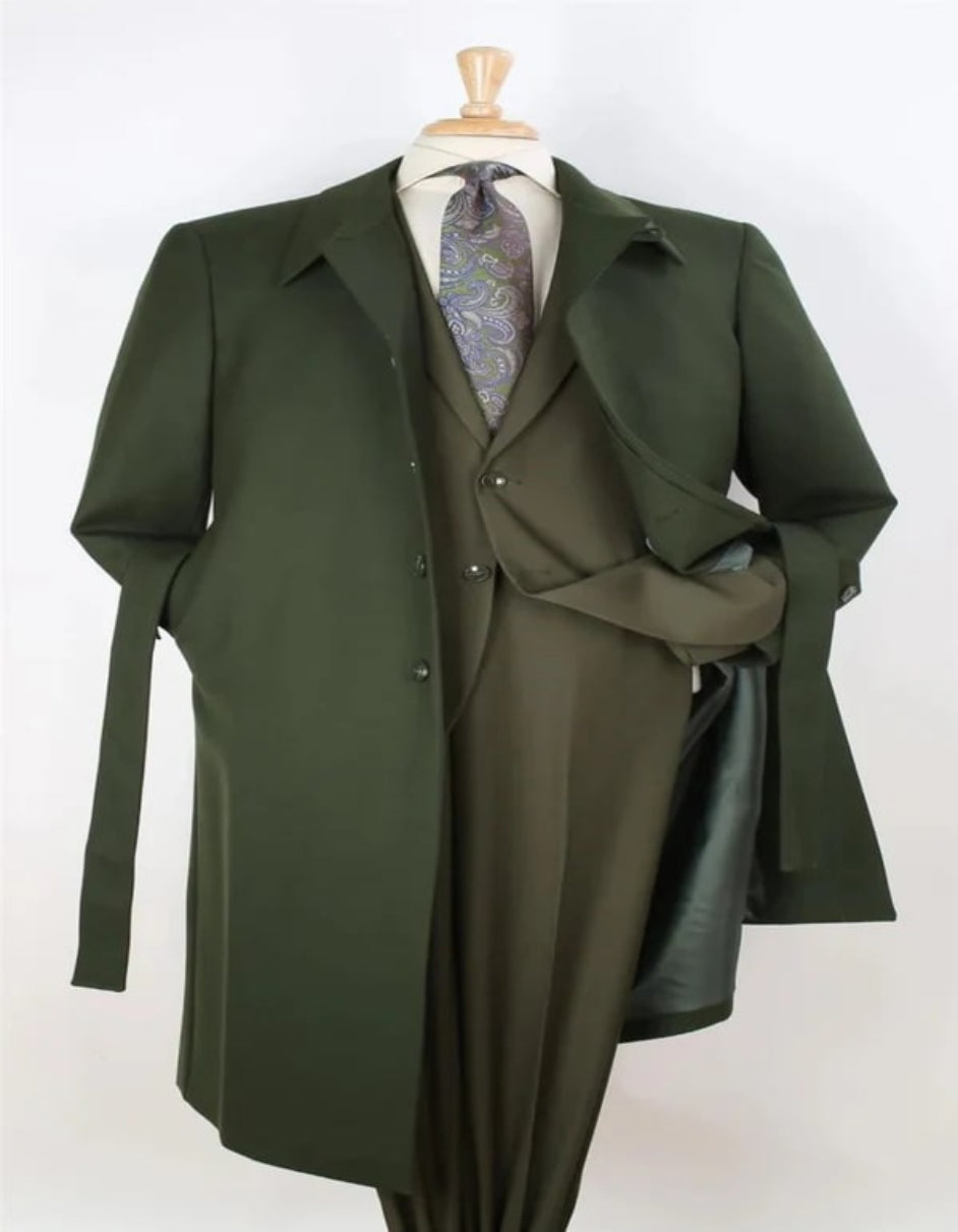 Wool Gabardine Belted Men's Green Duster Coat