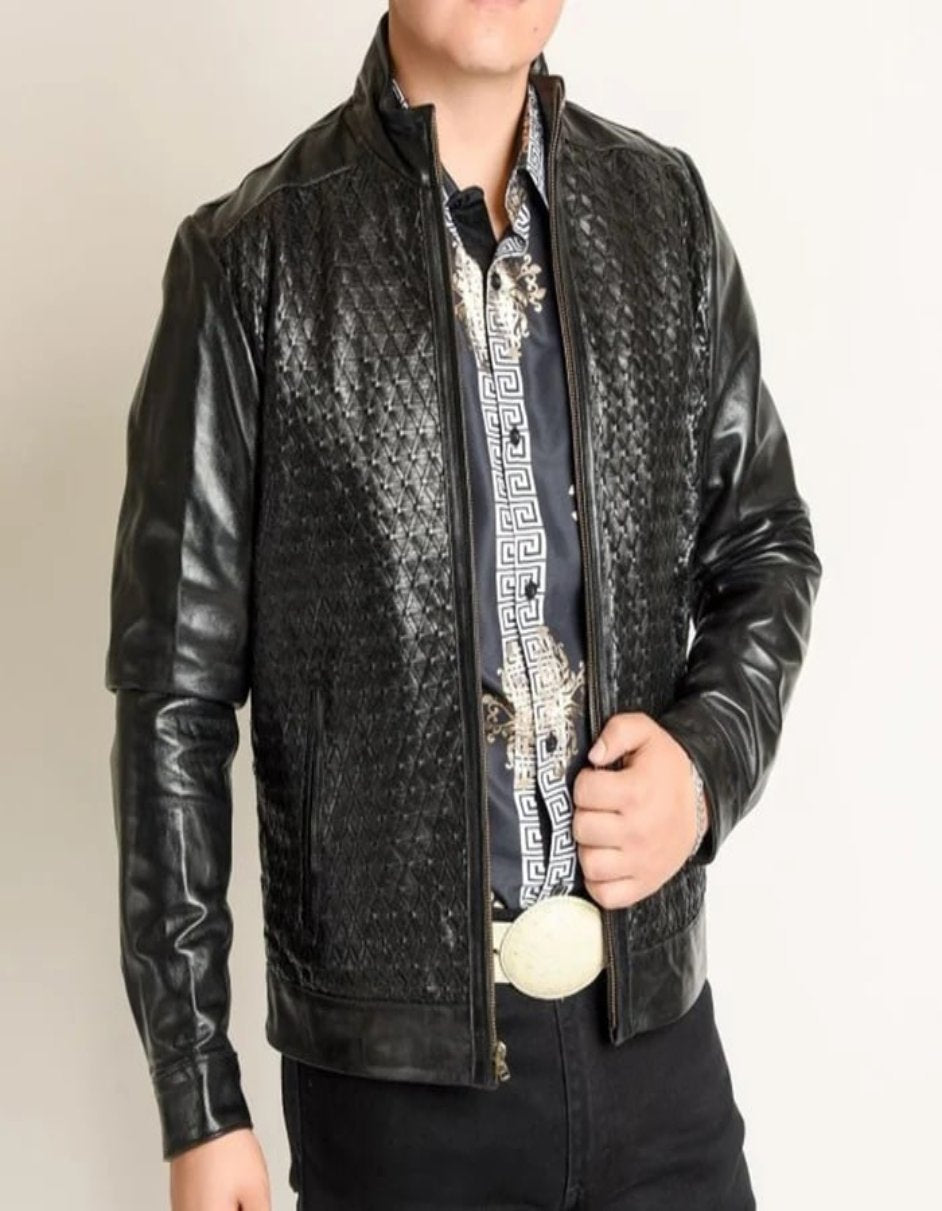 Hand-Braided Black Leather Jacket by White Diamonds