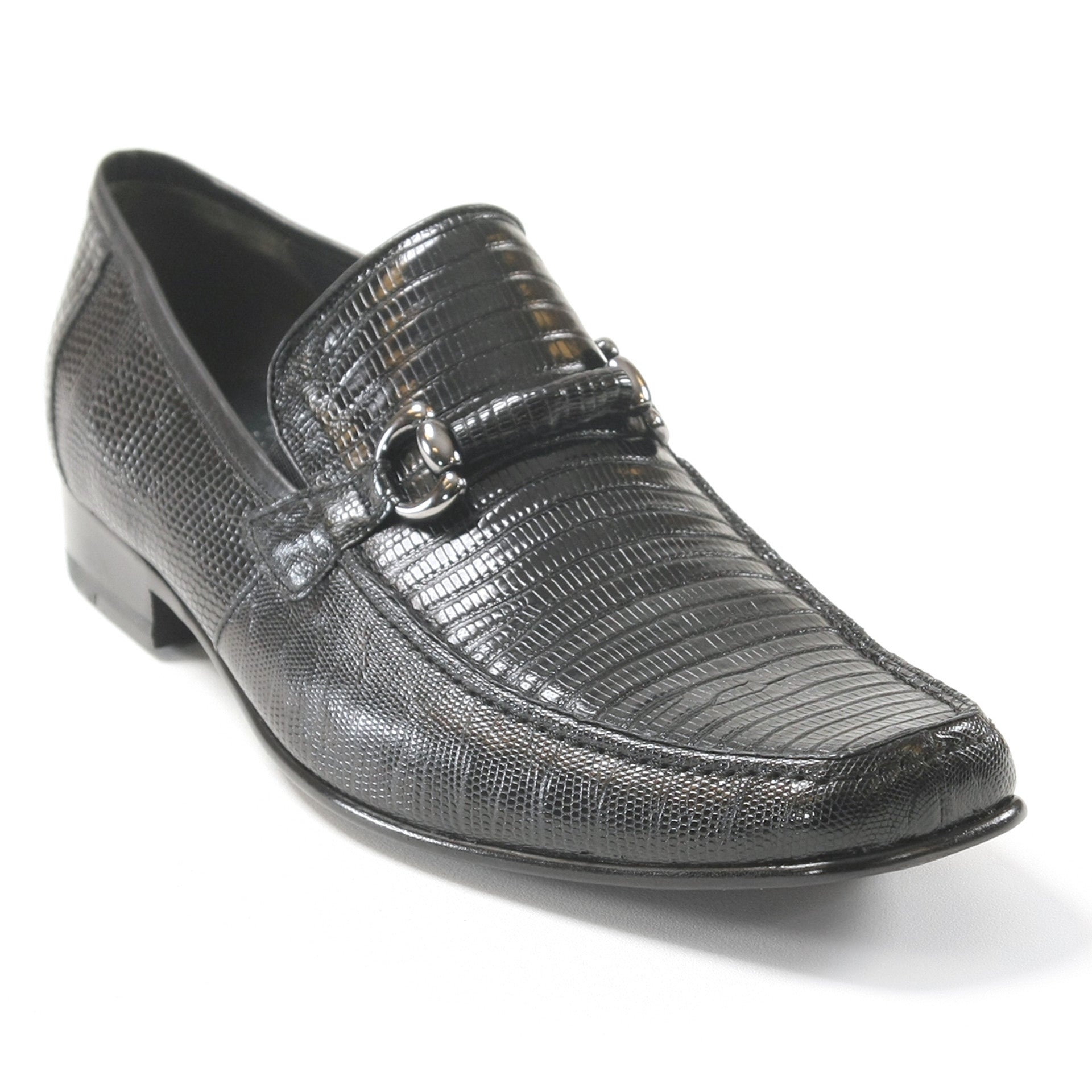 Black Teju Lizard Skin Slip-On Loafers by Los Altos
